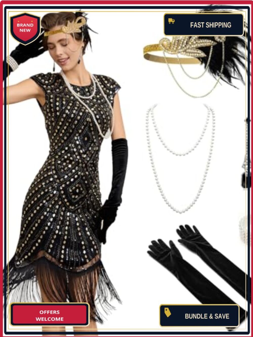 1920s Flapper Dress Set Gatsby Sequin Fringe Costume with Accessories